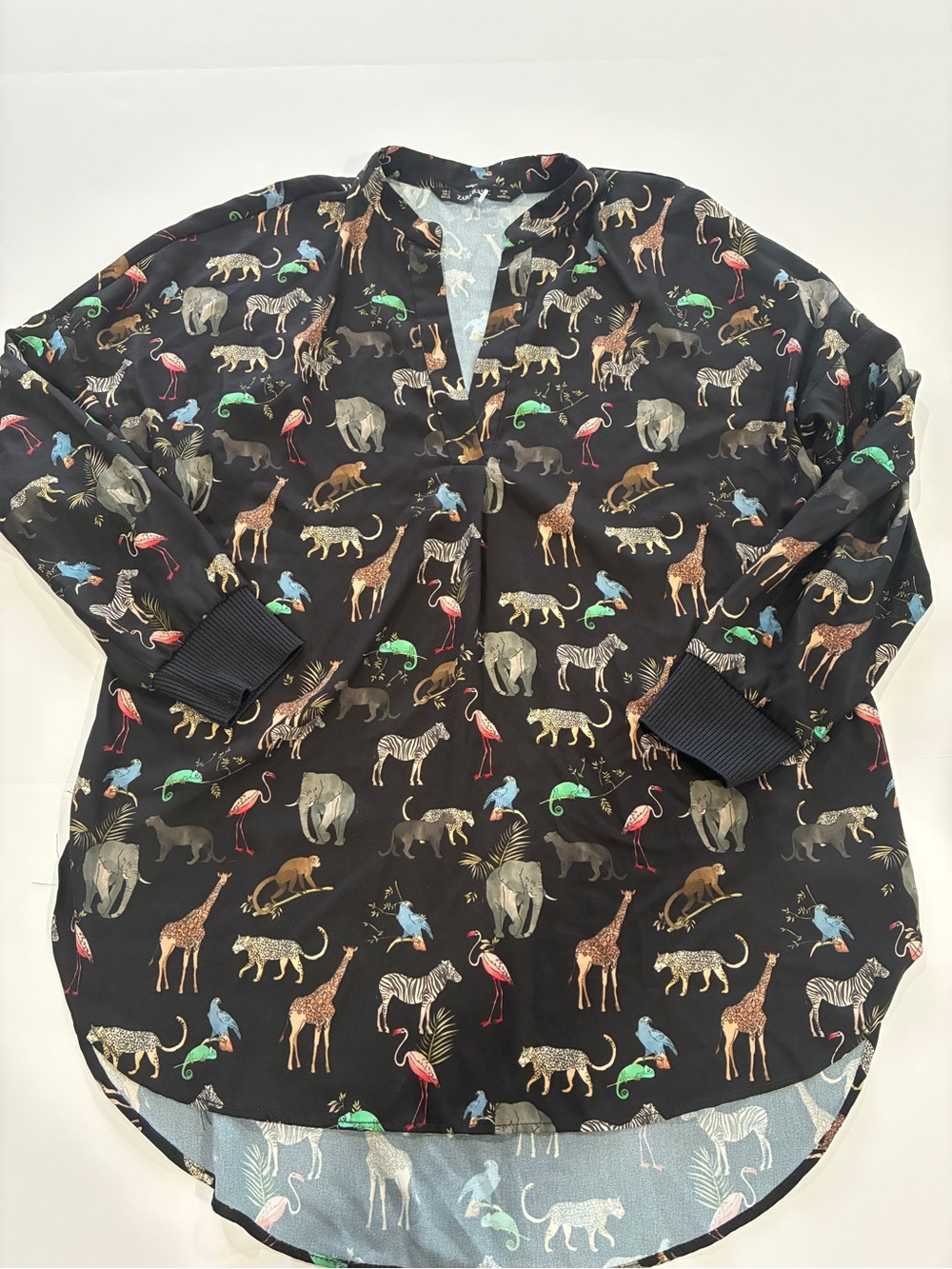 Zara Black Long Sleeve Shirt with Colorful Animal Print, Quirky, Eclectic, Zoo